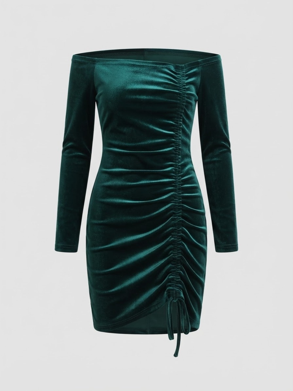 Off-Shoulder Ruched Velvet Dress in Deep Green